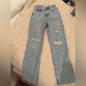 Zara Light Blue Distressed Straight Leg Jeans